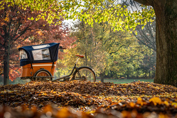 Ein Lastenrad steht in einem Park im Herbst auf einer Lichtung, Sonnenlicht und Laub drumherum, horizontal