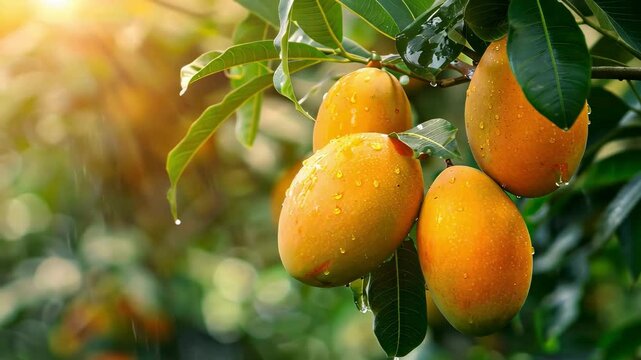 close-up of a ripe mango on a branch
