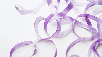 Fototapeta premium Elegant lilac satin ribbons on a white background suitable for gift wrapping, crafts, or event decoration visuals. Copy space