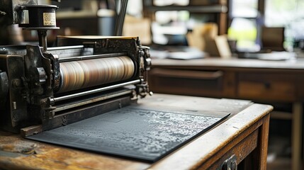 Fototapeta premium Antique Printing Press With Ink Roller And Stone