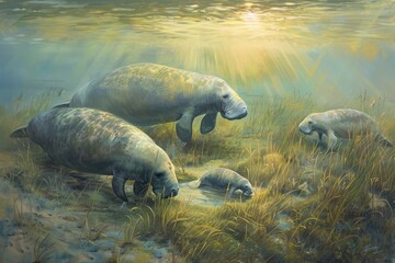 Fototapeta premium Manatee family peacefully grazing in sunlit shallow water, A tranquil scene of a family of manatees peacefully grazing on seagrass