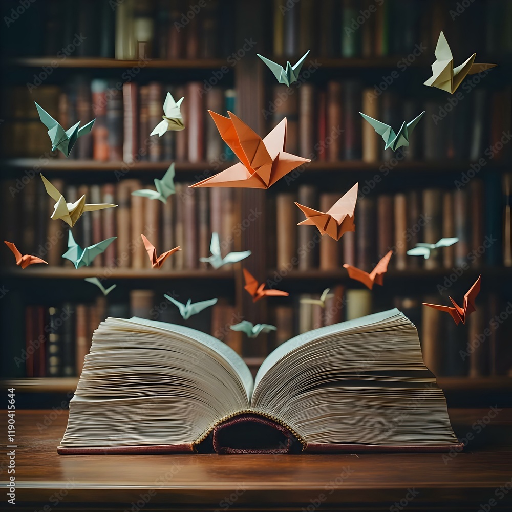 Poster an open book with an origami bird soaring above, symbolizing imagination and the journey of knowledg