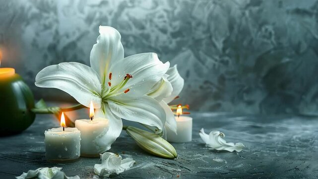 white lily and candles on a gray background
