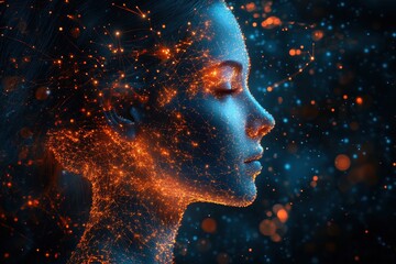Human head profile with a glowing brain and neural connections on a dark background