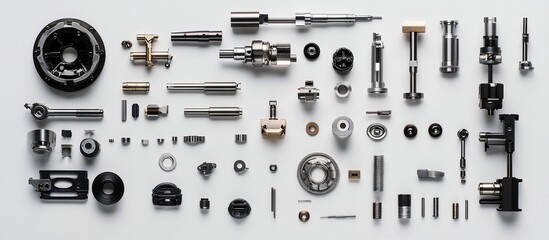 Obraz premium Precision metal parts and components arranged on a white background.