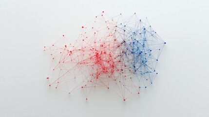 Abstract network visualization with red and blue nodes and connections on white background.
