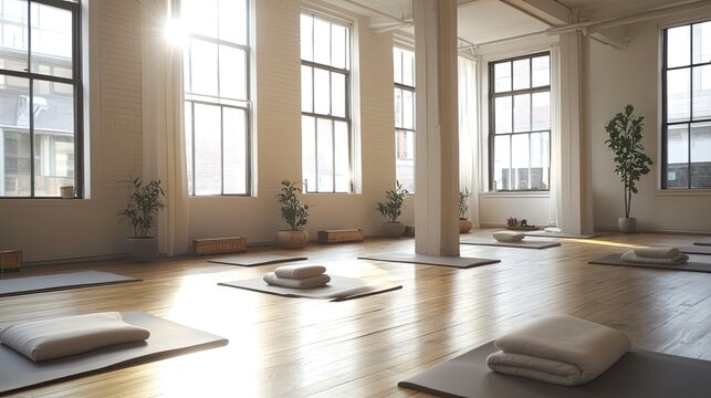 Sunlit Yoga Studio With Mats And Blankets Ready
