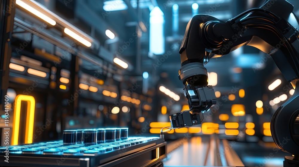 Poster robotic arm manipulating cylinders in modern factory setting
