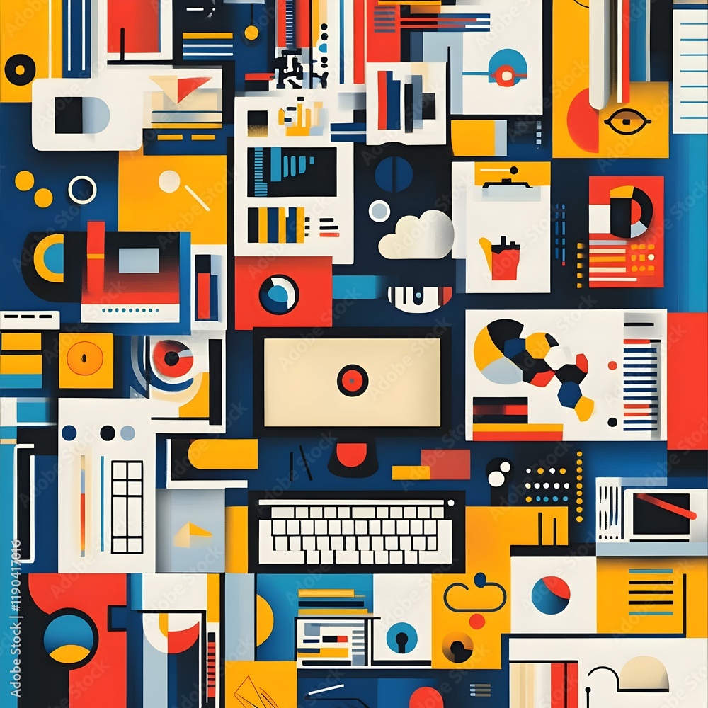 Poster digital harmony, an abstract composition blending vibrant colors and geometric shapes, evoking a sen