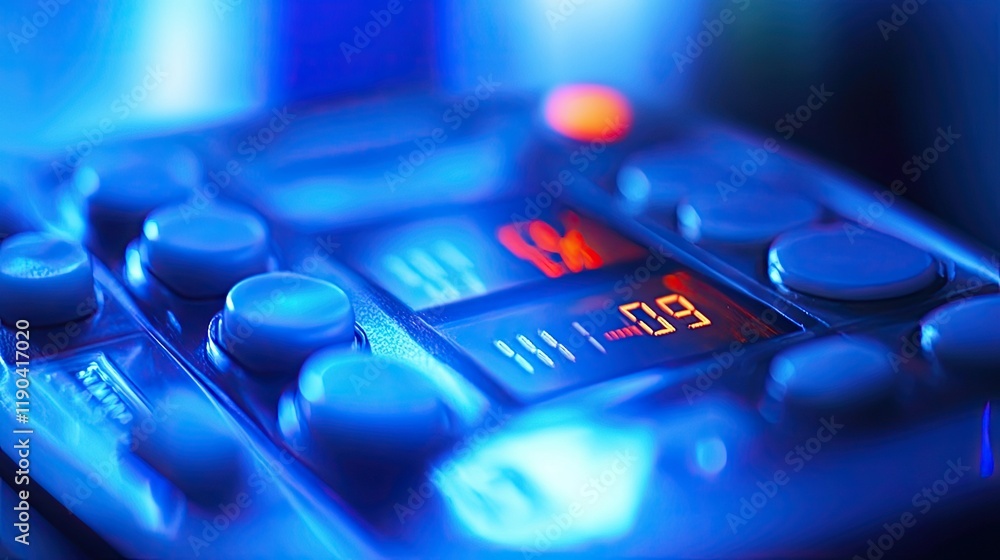 Poster illuminated control panel with multiple buttons and digital display