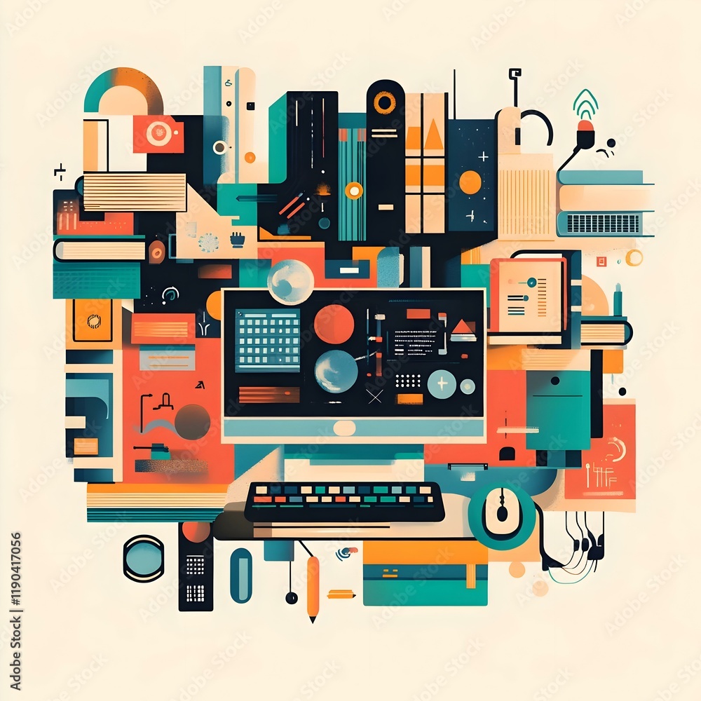 Aufkleber abstract digital landscape, a vibrant exploration of interconnected shapes and colors representing t