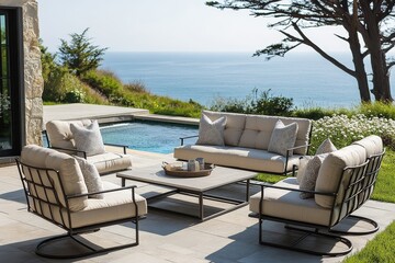 Steel patio furniture set with two swivel chairs, armchair, and sofa with light beige cushions, square table, surrounded by grass, pool, ocean, and a tall tree with white flowers, creating a cozy outd