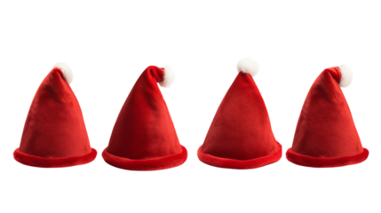 Four red Santa hats in a row on black background, Christmas decoration, festive season, holiday celebration, winter holidays