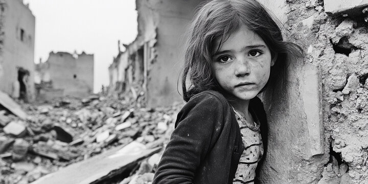 Child stands in ruins of a destroyed building