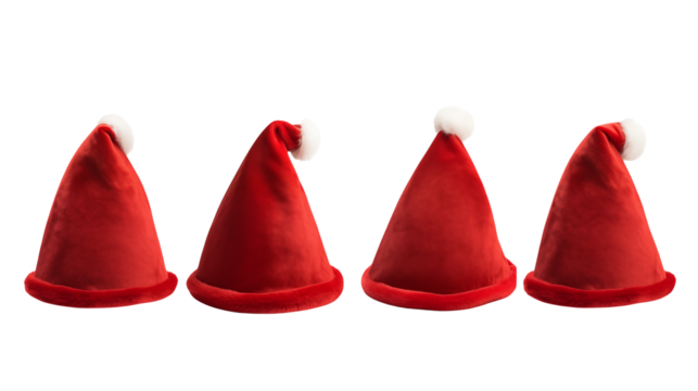 Four red Santa hats in a row on black background, Christmas decoration, festive season, holiday celebration, winter holidays