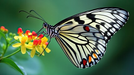 A black and white butterfly feeding on yellow and red flowers