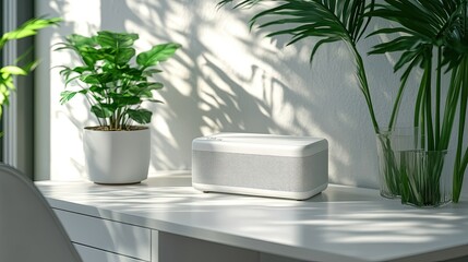 White speaker sits on a desk among potted plants