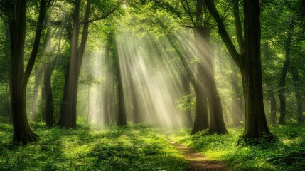 Obraz premium Sunbeams Illuminate A Misty Forest Path