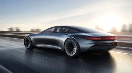 Naklejka premium Sleek Electric Car Speeds Down City Highway at Sunset