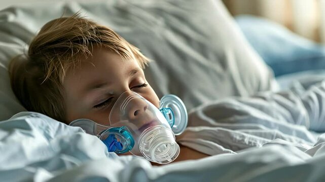 a child in an oxygen mask in the hospital