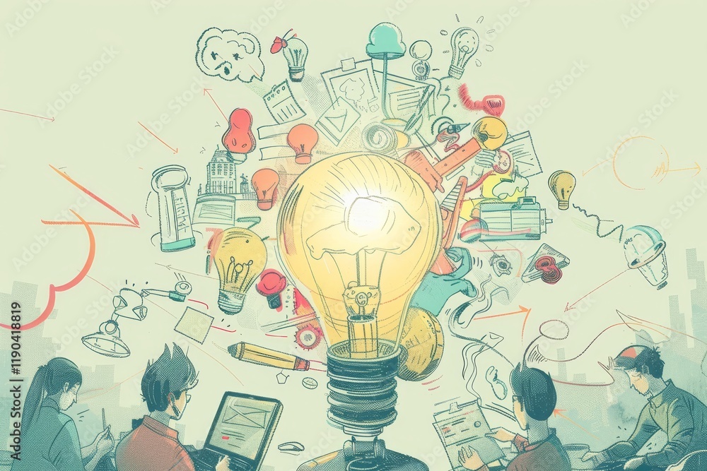 Aufkleber a group of people brainstorm ideas around a large lightbulb with doodles, show the process of brains