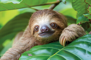 Fototapeta premium Cute sloth on a background of green leaves