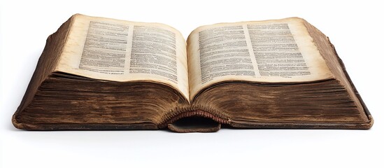 Open antique book with aged, yellowed pages and brown cover isolated on white.