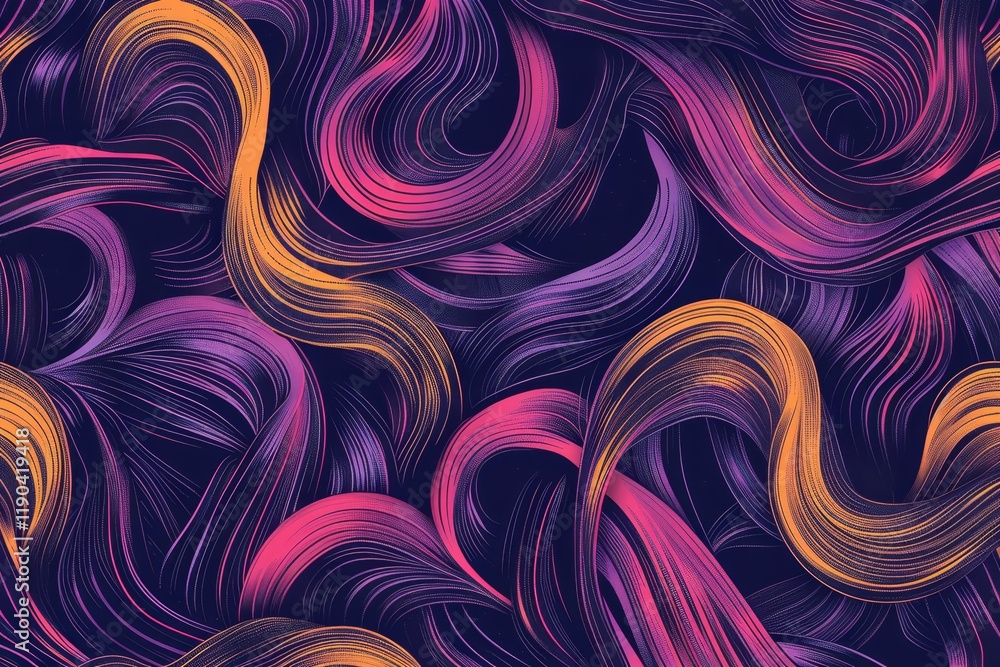 Poster abstract pattern of overlapping swirls in purple, pink, and orange on a dark background, create a ch