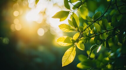 Obraz premium Sunlit Green Leaves Bask in Morning Sunlight