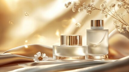 Luxurious perfume bottles on satin fabric elegant display artful composition glamorous setting
