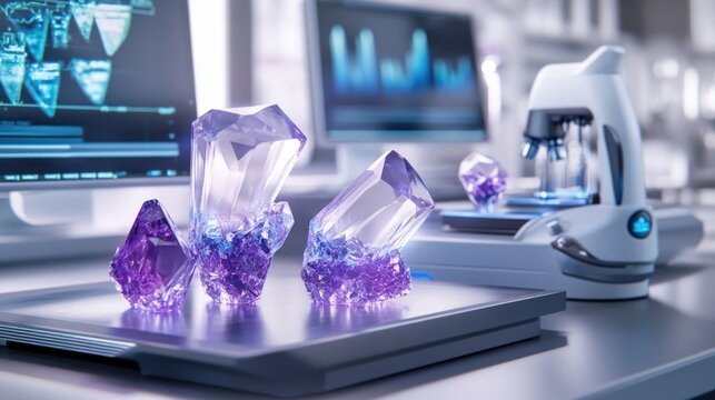 Amethyst crystals on scale in lab setting with computers and microscope.