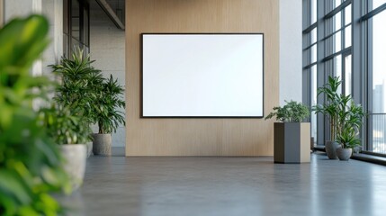 Blank canvas mockup in modern office with plants and large windows.