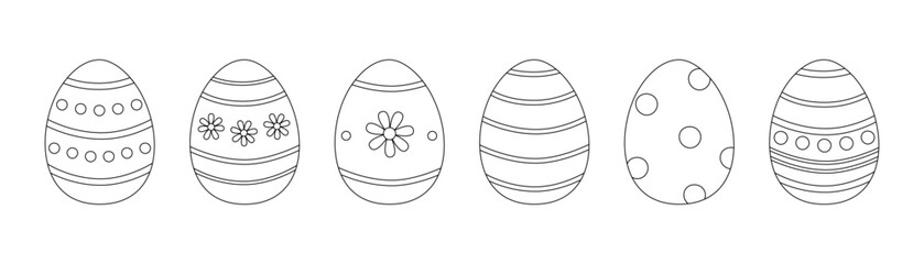 Coloring page with easter eggs set. Decorated eggs with stripes, polka dots and daisies. Spring holiday outline set. Coloring book for print. Vector illustration isolated on white background