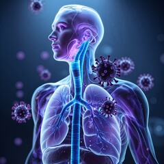 Naklejka premium Medical 3D Visualization: Human Respiratory System with Virus Representation (Human metapneumovirus or HMPV) 