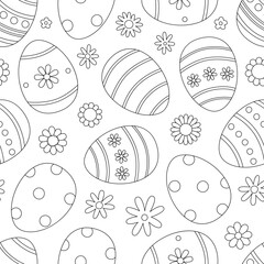 Contour seamless pattern with easter eggs and flowers. Cute outline holiday texture. Coloring page for print. Vector illustration on white background