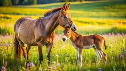 Obraz premium Adorable Mule Foal and Mare Grazing in Lush Green Pasture - Stock Photo