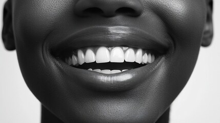 Fototapeta premium Close-up monochrome view of a young woman's bright, healthy smile, showcasing perfect teeth and full lips.