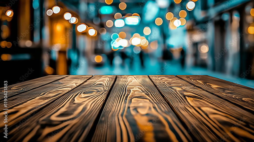 Poster Dark brown wooden table top with blurred street background at an outdoor shopping center. Bokeh effect creates a soft focus, emphasizing the texture of the wood and offering ample space for text, idea