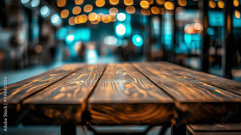 Aufkleber dark brown wooden table top with blurred street background at an outdoor shopping center. bokeh effe