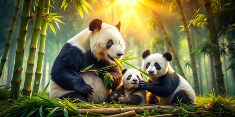 Obraz premium Adorable Panda Family Feasting in Lush Bamboo Sanctuary: Conservation & Habitat Preservation