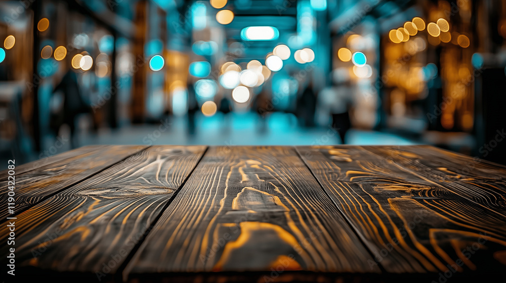 Poster dark brown wooden table top with blurred street background at an outdoor shopping center. bokeh effe