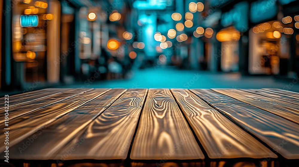 Aufkleber dark brown wooden table top with blurred street background at an outdoor shopping center. bokeh effe