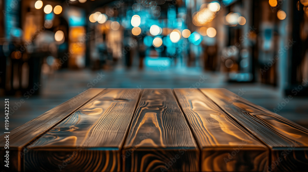 Poster Dark brown wooden table top with blurred street background at an outdoor shopping center. Bokeh effect creates a soft focus, emphasizing the texture of the wood and offering ample space for text, idea