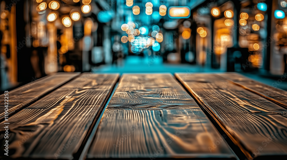 Poster Dark brown wooden table top with blurred street background at an outdoor shopping center. Bokeh effect creates a soft focus, emphasizing the texture of the wood and offering ample space for text, idea
