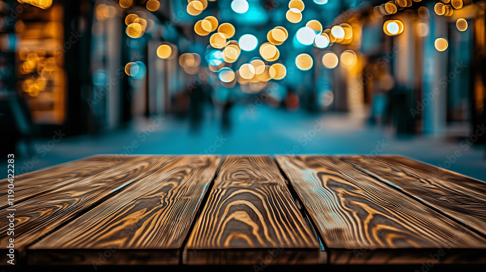 Poster Dark brown wooden table top with blurred street background at an outdoor shopping center. Bokeh effect creates a soft focus, emphasizing the texture of the wood and offering ample space for text, idea