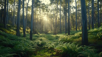 Obraz premium Sunlit Forest Path Ferns and Trees