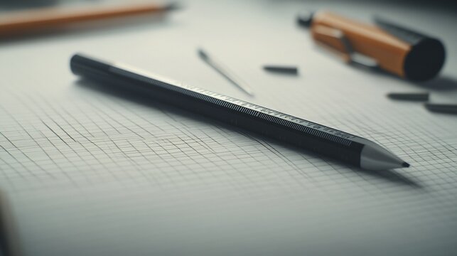 Close-up of a stylish pen resting on grid paper, surrounded by drafting tools.