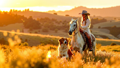 A woman riding a horse with a dog in a field of flowers