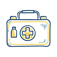 Obraz premium First Aid Kit Line Drawing in Blue and Yellow for Medical Safety Content