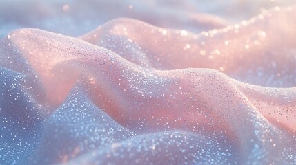 Obraz premium Glittery fabric with soft pink and blue hues, forming gentle waves under soft light.